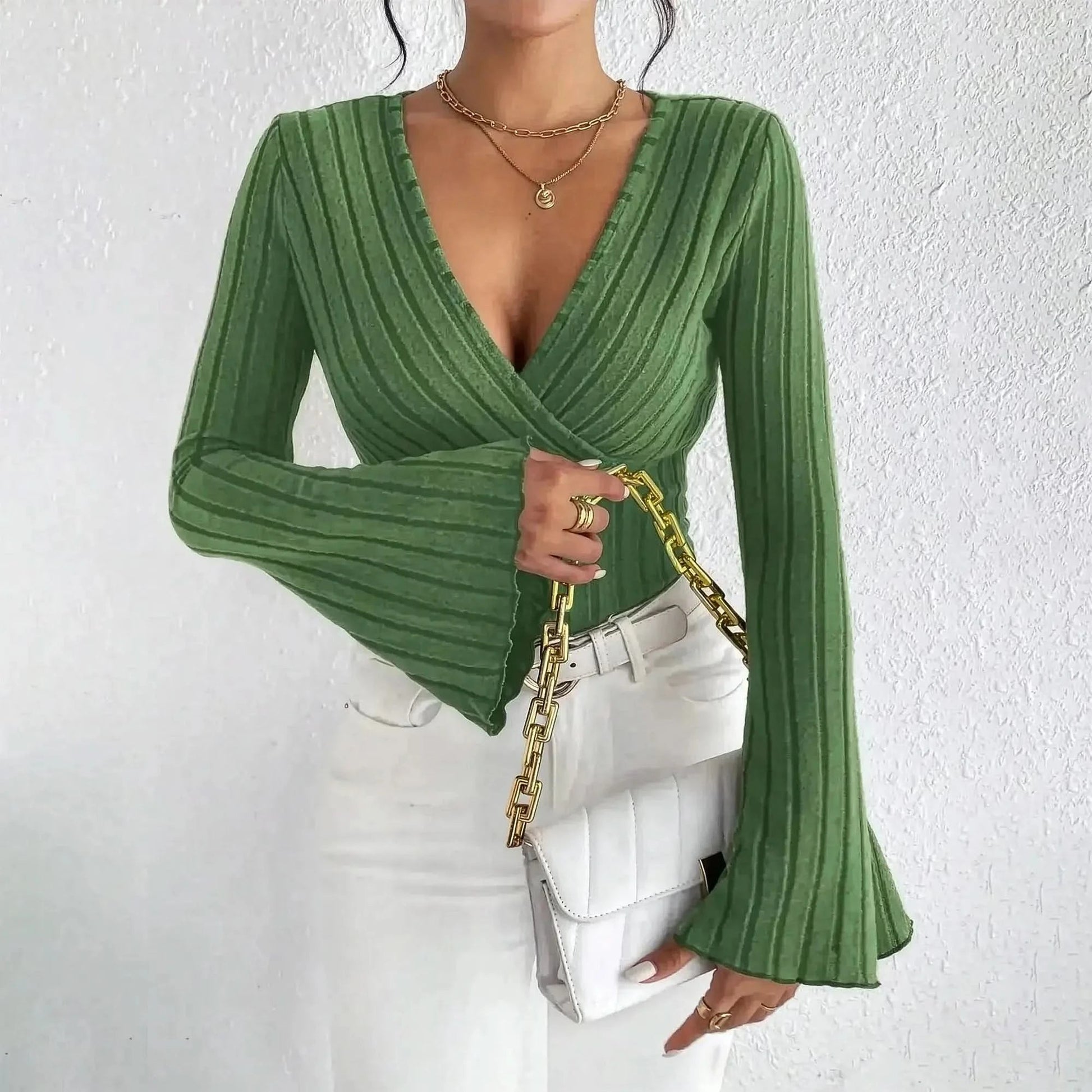 Top rayé slim à col V manches longues automne - hiver - Saylana