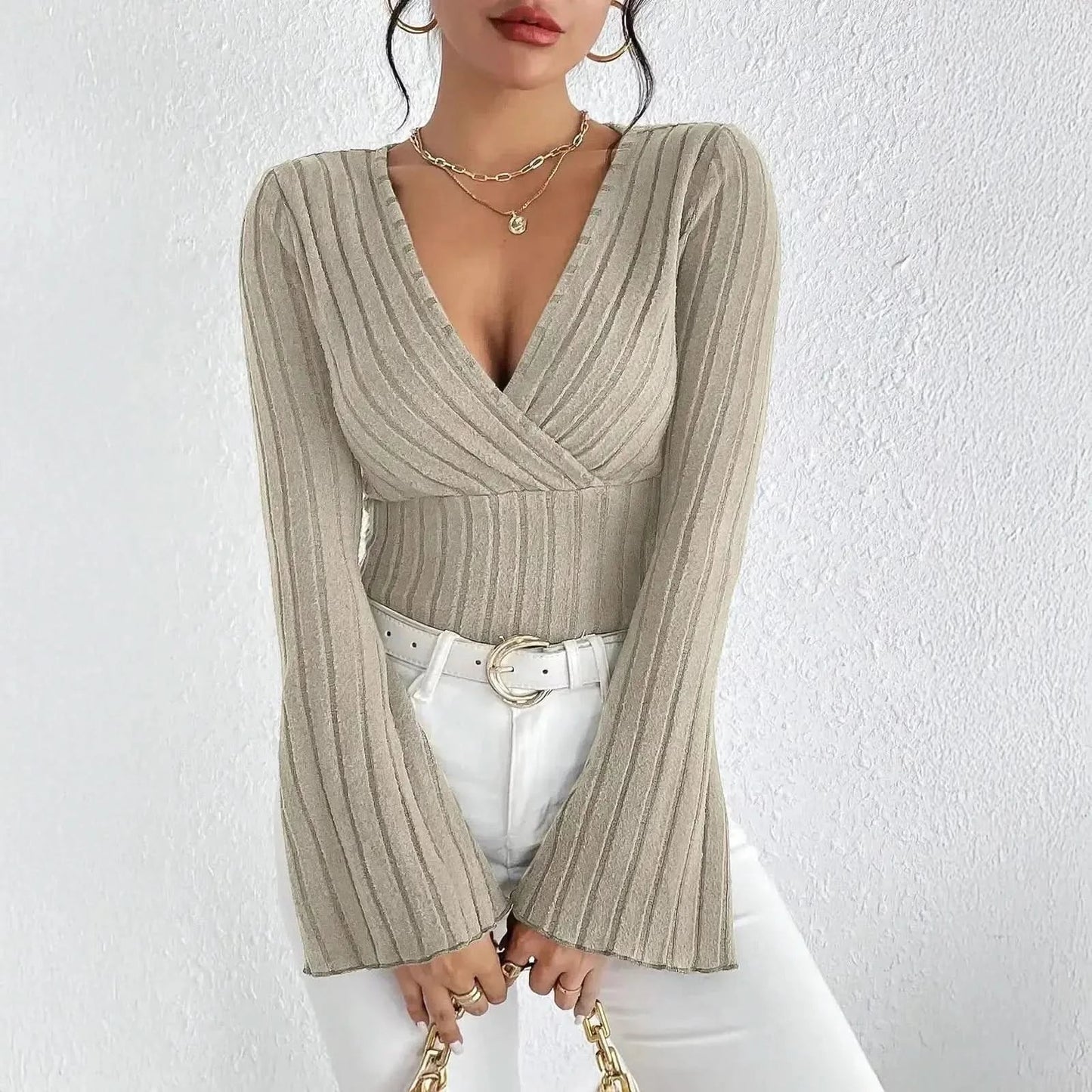 Top rayé slim à col V manches longues automne - hiver - Saylana